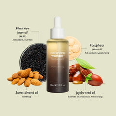 Haruharu Wonder black rice facial oil with ingredients -Natural ingredients of Haruharu Wonder face oil featuring 100% Korean fermented black rice and botanical oilsbackground
