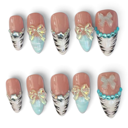 Press-on Nail | Y2K Zebra Stripe French Tips Style | Almond Shap