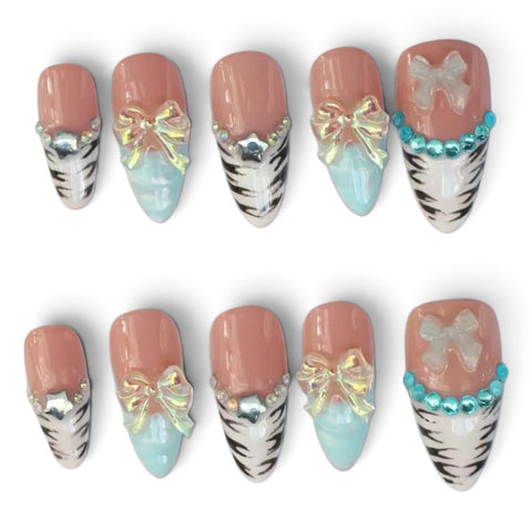 Press-on Nail | Y2K Zebra Stripe French Tips Style | Almond Shap