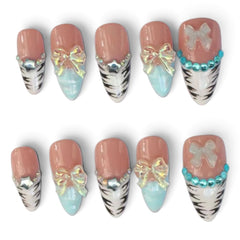Press-on Nail | Y2K Zebra Stripe French Tips Style | Almond Shap