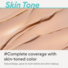 Innisfree No Sebum Blur Primer 25ml tube- Close-up of beige fabric with text about skin-toned color and complete coverage.