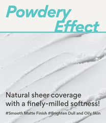 Text describing a powdery effect with natural sheer coverage on a white background