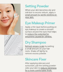 Cosmetic product instructions with a woman applying setting powder.