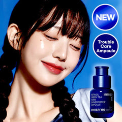 Woman with braided hair next to an Innisfree skincare -Innisfree Retinol Green Tea PDRN Skin Booster 25ml bottle