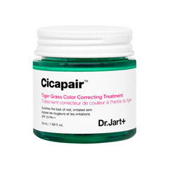 A jar of Cicapair Tiger Grass Color Correcting Treatment by Dr.Jart+, with green-to-beige color changing formula, intended for skincare.